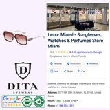 Collage with Dita Sunglasses branding, boutique interior showing the HYPERLUX-1000 DTS470-A-03 (UPC 0810187661358), pink-tinted frames, Lexor Miami location in Florida, customer ratings, and contact info.