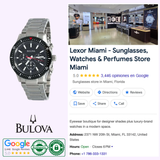 A Bulova 98A268 Stainless Steel Black Dial Chronograph Sports Men Watch by Bulova Watches is shown next to a Google business listing for Lexor Miami, a store offering sunglasses, watches, and perfumes with full details.