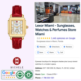 Promotional graphic for Lexor Miami featuring the Michele Watches Deco Sport Mid Gold-Plated Ruby Red Leather Watch (MWW06H000005), store interior, details, Google ratings, and contact info.