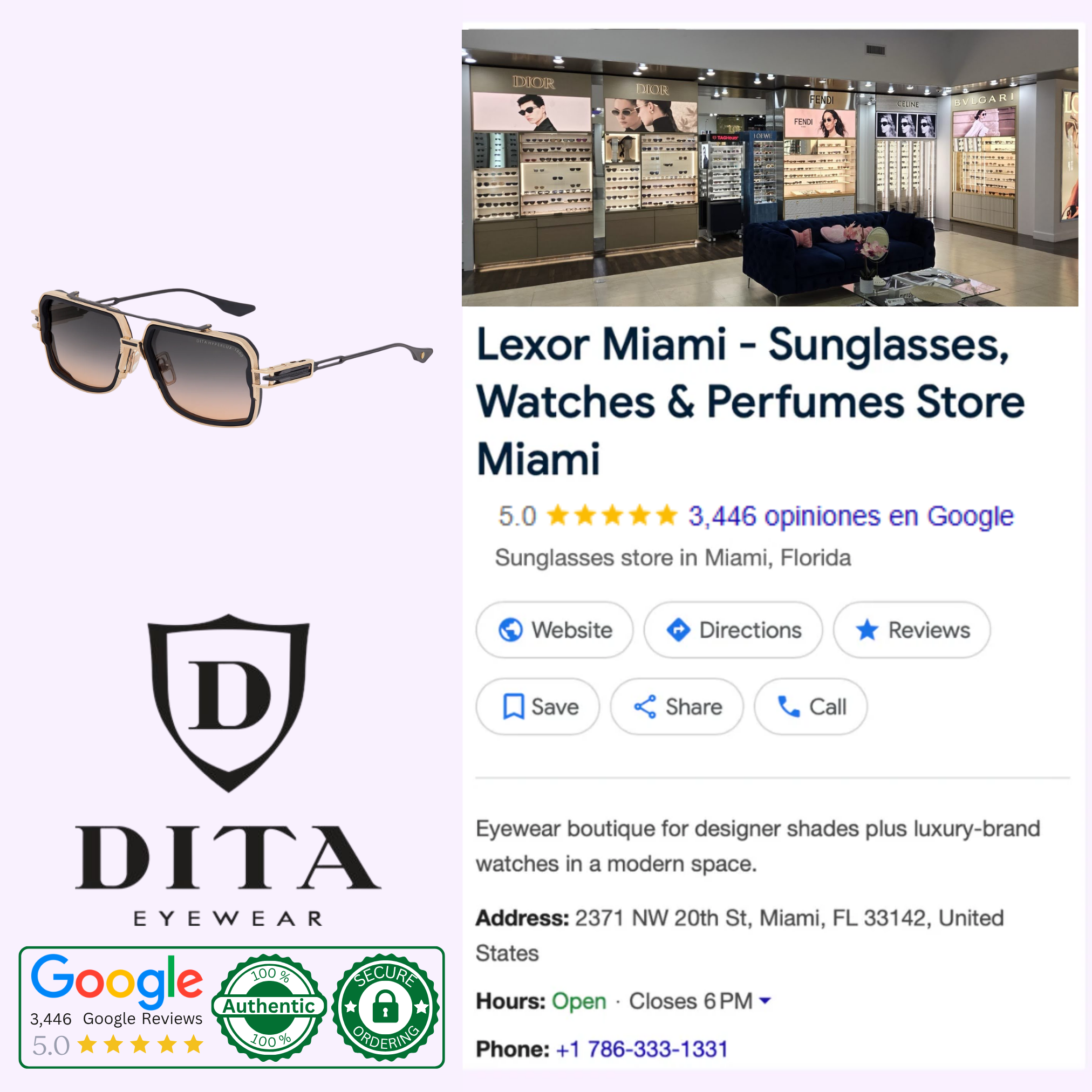 Collage featuring Dita Sunglasses HYPERLUX-1000 DTS470-A-02 with navigator silhouette, Japanese titanium frame, DITA logo, Lexor Miami location and interior—your boutique for sunglasses, watches, and perfumes—with Google reviews.