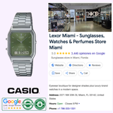 A silver G-Shock Watches CASIO Watch AQ230A-3A appears next to a Google listing for Lexor Miami sunglasses and watches, displaying ratings, address, hours, phone number, storefront photo, Casio logo, and Google reviews.