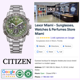 On the left is a Citizen Watches CA4664-60W Promaster Navihawk (UPC: 013205169595). On the right, a Google listing for Lexor Miami - Sunglasses, Watches & Perfumes Store in Miami, FL shows details, ratings, and location.