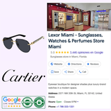 A collage showcases the Cartier Sunglasses CT0440S-002 for men, crafted from genuine horn by Cartier Sunglasses, alongside the iconic Cartier logo, a Cartier storefront, Lexor Miami store details, star ratings, contact information, and authenticity badges—spotlighting premium men's eyewear and perfumes available in Miami.