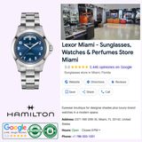 Featured in this Miami Lexor Google listing: the Hamilton Watches Khaki Field King Day-Date 40mm H64475140 with a 5-star rating, store interior photo, reviews, authenticity guarantee, secure payment badges, contact info, and Hamilton logo.