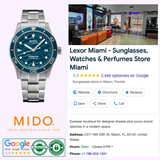 On the left is a Mido Watches Ocean Star 39 M0269071104101. On the right, a Google business listing for Lexor Miami - Sunglasses, Watches & Perfumes Store shows interior photos, store details, and contact info.