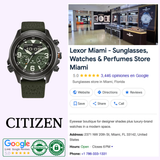 The Citizen Watches JV1005-02W Promaster Land U822 (UPC: 013205166327), featuring a green fabric strap, is displayed beside a Google search result for Lexor Miami, showing store details and ratings. Ideal adventure watch for explorers.