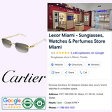 Cartier-themed collage showcasing Cartier Sunglasses CT0622S-004 53, a luxurious eyewear piece from Cartier Sunglasses, alongside the elegant store interior and the Lexor Miami Google listing featuring 5-star reviews, contact details, and business hours. Emphasizes authentic luxury branding with official authenticity badges and promotes the highly coveted CT0622S-004 model.