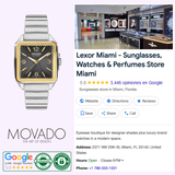 A Lexor Miami promo showcases the MOVADO WATCHES Heritage 1917 3650257, store interior photos, contact info, Google review ratings, the Movado Watches logo, plus Swiss-made automatics, sunglasses, and perfumes.