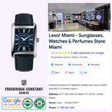 The Frederique Constant Classic Carre Automatic Leather FC-303N4C26, featuring a blue leather strap, is displayed next to a Google listing for Lexor Miami, a luxury eyewear and watch store with high ratings and an elegant interior.