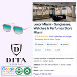 A Lexor Miami sunglasses store listing shows the storefront, store details, ratings, DITA Eyewear logo, modern Dita Sunglasses DTS165-A-03 INTRACRAFT Unisex with a titanium frame, plus trusted review and authenticity badges.