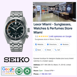 On the left is a Seiko Luxe Watches PROSPEX SPEEDTIMER MECHANICAL SPB515 with the SEIKO logo below. On the right, a Google listing for Lexor Miami—a top-rated store for sunglasses, watches, perfumes, and Seiko Luxe Watches SPB515 in Miami.
