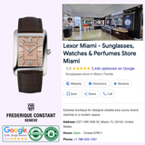 A Frederique Constant Watches FC-303SAL4C6 with a rectangular face and brown leather strap appears beside a Google listing for Lexor Miami, which sells sunglasses, watches, and perfumes in Miami, Florida.