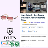 Collage featuring Dita Sunglasses KUDRU DTS436-A-03 Unisex, the Dita logo, customer review badges, and a Google business listing for Lexor Miami - Sunglasses, Watches & Perfumes Store with store details and contact info.