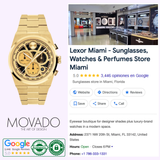 A MOVADO WATCHES 3601185 men’s gold chronograph is displayed next to a Google search result for Lexor Miami, a store offering sunglasses, watches, and perfumes with 5-star reviews and location info.