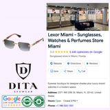 Screenshot of a Google business profile for Lexor Miami, a store for sunglasses, watches, and perfume. Features reviews, address, hours, phone, Dita Sunglasses logo, and the stylish unisex Dita DTS147-A-04 META-EVO ONE sunglasses.