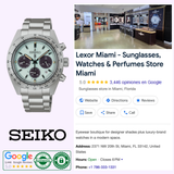 A Seiko Luxe Watches Limited Edition SSC965 is shown beside a Google listing for Lexor Miami, a 5-star Miami store specializing in sunglasses, watches, and perfumes, with images of the interior displayed.