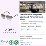 Cazal Sunglasses mod 9110 001 91100016211 ad featuring a store photo, Lexor Miami’s Google listing, and elegant gold aviator sunglasses by Cazal Sunglasses. Five-star reviews are highlighted alongside green “Authentic” and “5.0 Google Reviews” badges at the bottom—ideal for anyone searching for luxury eyewear.