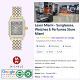 A Michele Watches Deco Mid Two-Tone 18K Gold-Plated Diamond MWW06V000132 is shown next to the Google listing for Lexor Miami, a sunglasses and watch store, displaying its interior, address, hours, rating, and authentication badges.