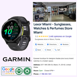 A Lexor Miami promo image showcases the Garmin Watches Forerunner® 970 (010-02969-00), the store’s Google business listing with entrance photo, contact info, 5-star reviews, and Google/authenticity badge graphics.