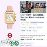 A Michele Watches Deco Sport Chronograph Gold-Plated Ballet Pink Silicone Watch (MWW06K000072) is pictured beside a Google listing for Lexor Miami, which sells sunglasses, watches, and perfumes. Store details and 5-star reviews are also visible.
