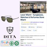 Collage featuring the Dita Sunglasses logo, black Dita Sunglasses DLS422-A-03 LSA-422 with UV protection and a titanium frame, plus a Google result for Lexor Miami—a 5-star store for sunglasses, watches, and perfumes.