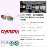 Carrera Sunglasses ad displaying a Google search result for Lexor Miami, an Authorized Dealer in Miami for Carrera Sunglasses, highlighting store details, a product image of the Carrera Sunglasses CARRERA 1066/S (UPC 716736983059), Google reviews, and contact information.