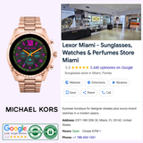 A rose gold MICHAEL KORS MKT5133V Women Watch from Michael Kors Watches is displayed beside a Google listing for Lexor Miami, a 5-star sunglasses and watch store with address, hours, contact info, and the Michael Kors logo below.