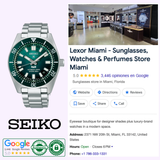 A Seiko Luxe Watches Prospex Sea SPB501 is displayed next to Lexor Miami’s Google listing, which boasts a 5-star rating and features top Seiko Luxe Watches in Miami.