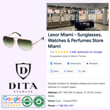 Collage featuring the Dita Sunglasses logo, MIDNIGHT SPECIAL DRX-2010-P-MOS-60 Unisex luxury sunglasses, and a 5-star Google business listing for Lexor Miami - Sunglasses, Watches & Perfumes Store with store photo, contact info, and Miami location.