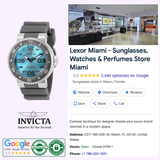 A digital collage highlights Invicta Watches Miami, featuring the Invicta 32554 Pro Diver Gray Silicone Strap Men’s Watch, a Lexor Miami store photo, 5-star Google rating, contact info, and trust badges—showcasing luxury watches and eyewear.
