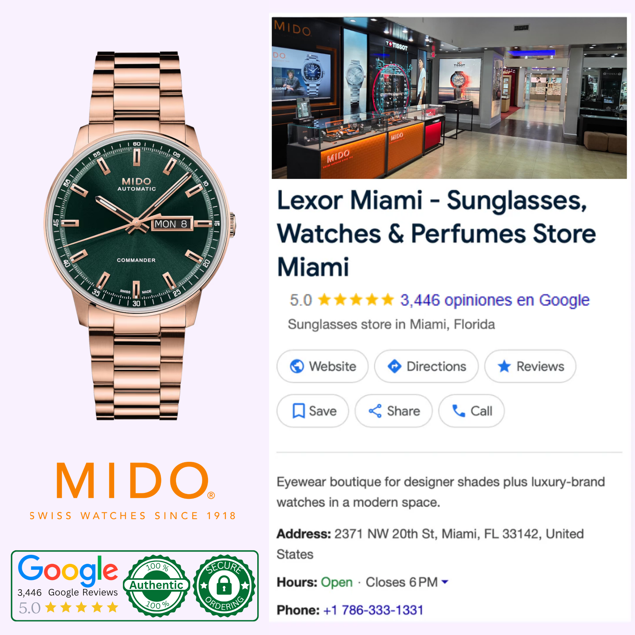 A Mido Watches Commander Datoday M0214303309100 automatic watch with a rose gold PVD case and green dial is displayed next to a Google search result for Lexor Miami sunglasses and luxury watches store with ratings, address, and contact info.