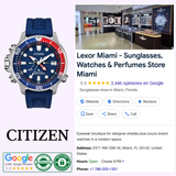 A Citizen BN2038-01L ProMaster Aqualand Eco-Drive Blue Silicone Strap Men’s Watch by Citizen Watches is displayed beside a Google listing for Lexor Miami, a sunglasses and perfumes store with ratings, address, hours, contact info, and badges.
