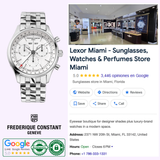 A Frederique Constant Classics Quartz Chronograph Triple Calendar FC-296SW5B6B watch is displayed beside a Google business listing for Lexor Miami, a highly rated sunglasses and watch store with storefront photo, reviews, and contact info.