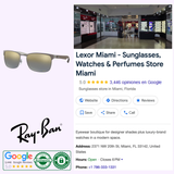 Screenshot of Lexor Miami on Google, featuring Ray-Ban RB8319CH 9075J0 Gunmetal on Matte Gunmetal Unisex Sunglasses, the iconic Ray-Ban logo, store address, rating, certifications, and contact info—all set against a crisp white background.