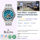 A Bulova Watches Marine Star 98D184 AUTO D003 MARC ANTHONY men’s watch (UPC: 042429594555) with a blue face is pictured beside a Google listing for Lexor Miami, a 5-star rated sunglass and watch store showing address, hours, and contact details.