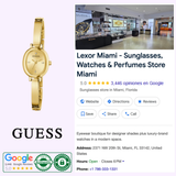 On the left is the Guess Watches GW0924L2 (UPC: 091661581229). On the right, a Google listing for Lexor Miami features their selection of Guess Watches, sunglasses, perfumes, store photos, and location details.