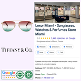 Screenshot of a Google listing for Lexor Miami, featuring authentic Tiffany & Co. Sunglasses 0TF3116 6230EL59 Women and other eyewear. The image displays the Tiffany & Co. logo, women's sunglasses, and multiple review badges.