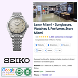 A Seiko Luxe Watches Presage Classic Series SPB463 is shown beside a Google listing for Lexor Miami, a retailer of sunglasses, watches, and perfumes. Visible are store photos, hours, location info, and review badges.