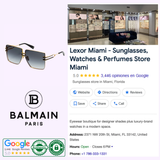 A digital collage shows a Google listing for Lexor Miami - Sunglasses, Watches & Perfumes Store Miami, with brand logos, rating stars, reviews, store hours, phone number, and a standout image of Balmain BPS-109D-66 GENDARME Unisex Sunglasses.