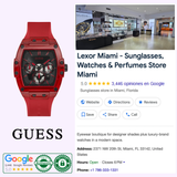 On the left, Guess Watches GW0203G5 Silicone Matte Men’s Watch in red with logo below; on the right, a Google listing for Lexor Miami showing sunglasses, watches & perfumes, store photos, reviews, and contact details.