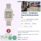 On the left is a Michele Watches Deco Mid Two-Tone 18K Gold-Plated Diamond Watch (MWW06V000132). On the right, a Google search shows a Miami eyewear and watch boutique with its location, rating, and business details.