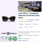 Explore the store interior featuring elegant watch displays and Tory Burch Sunglasses 0TY7184U 17281354—including chic butterfly styles—plus Lexor Miami store details, contact information, customer ratings, UV protection highlights, and official certification badges.