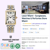The Frederique Constant Classics Art Deco Carree FC-200MPW2AC3B, a Swiss luxury watch with a rectangular face and two-tone band, is displayed next to Lexor Miami’s 5-star Google listing for luxury sunglasses, watches, and perfumes.