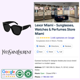 A Google listing for Lexor Miami sunglasses store features the iconic YSL signature logo alongside the sleek black Saint Laurent SL M95/F 005 Woman Sunglasses from Saint Laurent Sunglasses. The listing highlights the store’s address, business hours, contact number, and showcases various review and authentication badges.