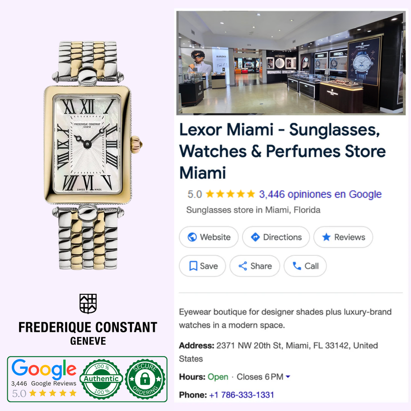 Frederique Constant FC-200MPW2AC3B two-tone watch displayed next to Lexor Miami's five-star Google Business listing for luxury sunglasses, watches, and perfumes