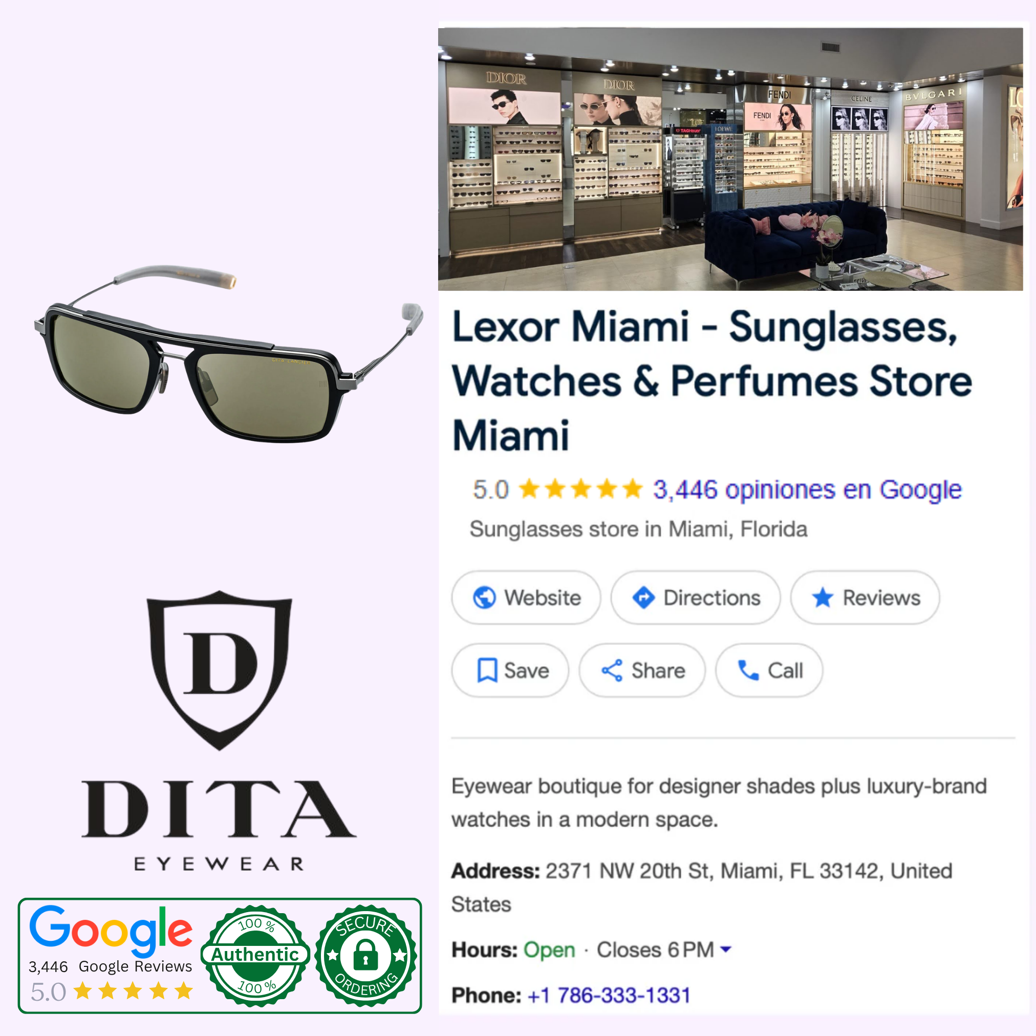 Collage featuring Dita Sunglasses DLS404-56-02-A LSA-404, DITA Eyewear logo, Google ratings, Lexor Miami store interior with eyewear displays, plus store details and contact information.
