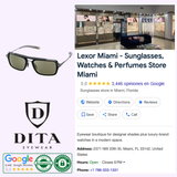 Collage featuring Dita Sunglasses DLS404-56-02-A LSA-404, DITA Eyewear logo, Google ratings, Lexor Miami store interior with eyewear displays, plus store details and contact information.
