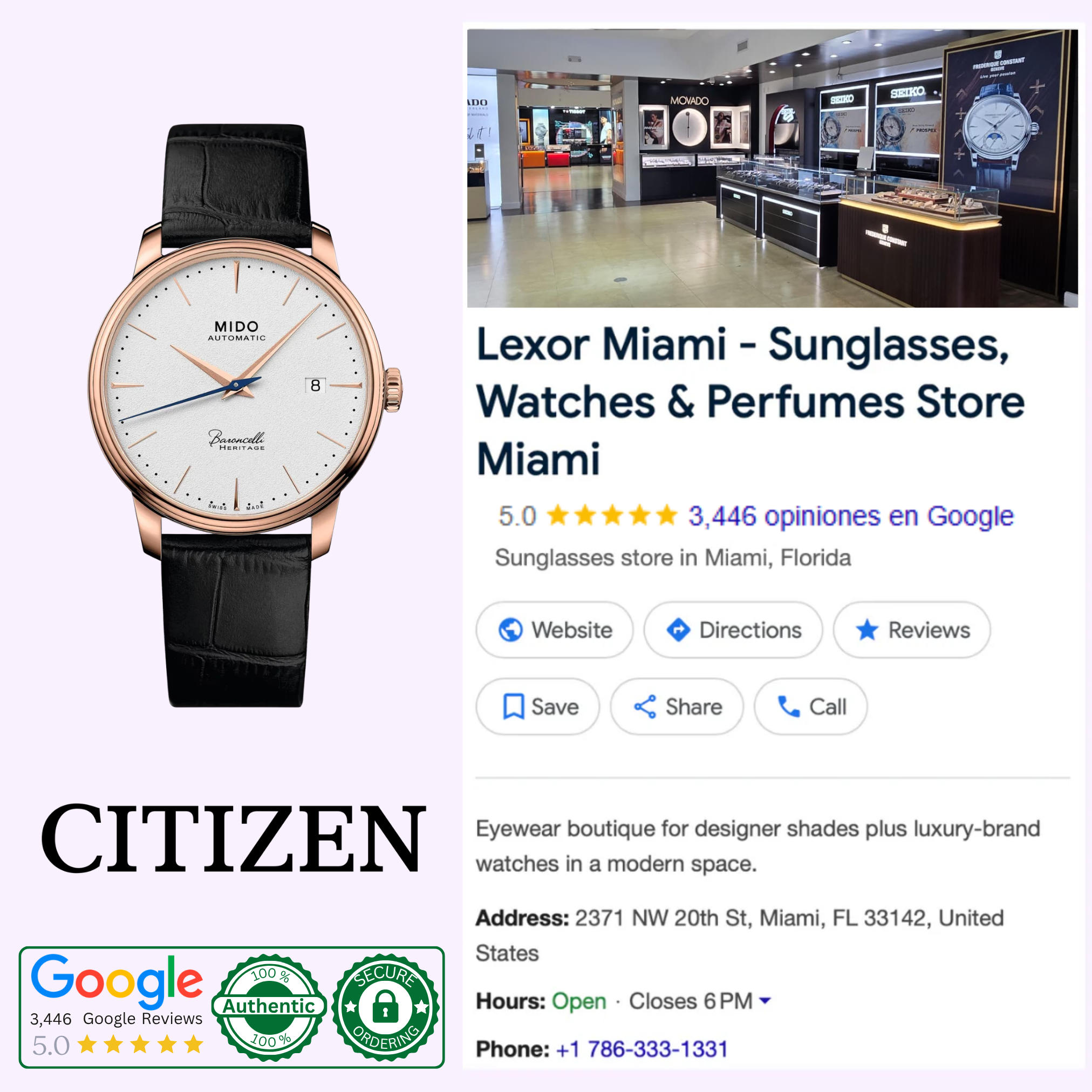 A Mido Watches Baroncelli Heritage M0274073626100 with a rose gold PVD case and black strap is shown beside a Google business listing for Lexor Miami, a 5-star sunglasses and watches store, with the word MIDO at the bottom.