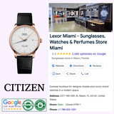 A Mido Watches Baroncelli Heritage M0274073626100 with a rose gold PVD case and black strap is shown beside a Google business listing for Lexor Miami, a 5-star sunglasses and watches store, with the word MIDO at the bottom.