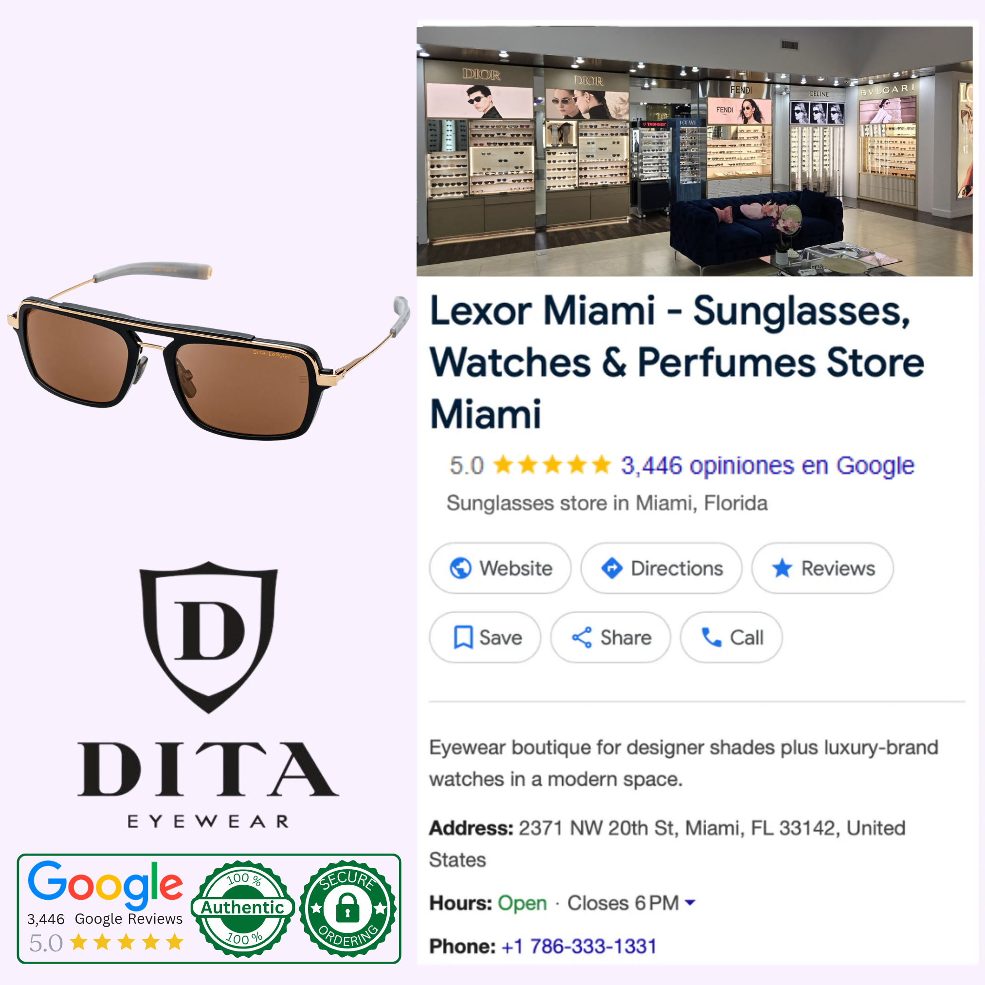 Screenshot of Lexor Miami’s Google listing for Dita Sunglasses DLS404-56-01-A LSA-404, with high contrast lens and polarized options, featuring product images, the Dita Sunglasses logo, store interior, contact info, and 5-star Google reviews.
